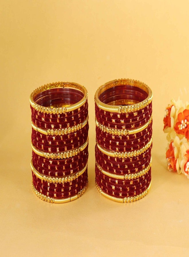 NMII Fancy Glass Golden Beads & Polka Dots Velvet Bangles Set For Women and Girls | Stylish Designer Bangles Glass | Glass Chudi Set | Women's Fashion Jewellery, (Spring Set-(2)-Maroon-2.8) - Image 3