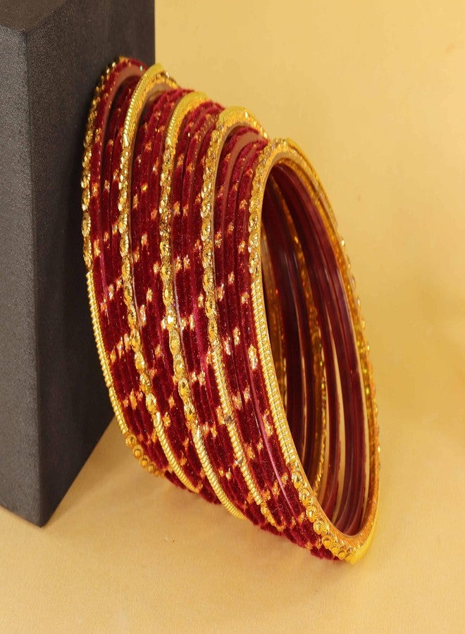NMII Fancy Glass Golden Beads & Polka Dots Velvet Bangles Set For Women and Girls | Stylish Designer Bangles Glass | Glass Chudi Set | Women's Fashion Jewellery, (Spring Set-(2)-Maroon-2.8) - Image 5