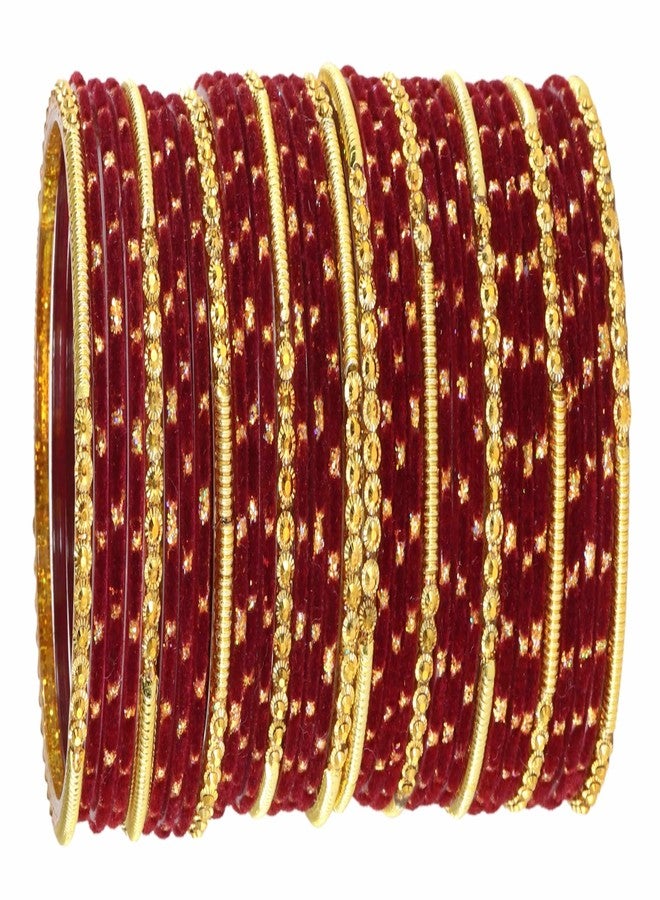NMII Fancy Glass Golden Beads & Polka Dots Velvet Bangles Set For Women and Girls | Stylish Designer Bangles Glass | Glass Chudi Set | Women's Fashion Jewellery, (Spring Set-(2)-Maroon-2.8) - Image 1