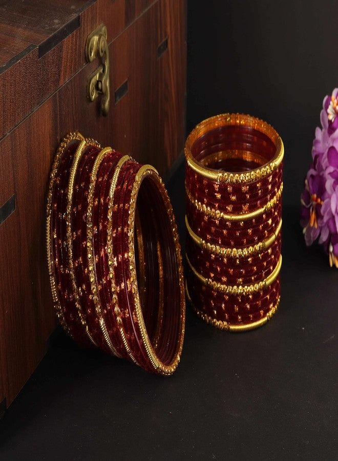 NMII Fancy Glass Golden Beads & Polka Dots Velvet Bangles Set For Women and Girls | Stylish Designer Bangles Glass | Glass Chudi Set | Women's Fashion Jewellery, (Spring Set-(2)-Maroon-2.8) - Image 2