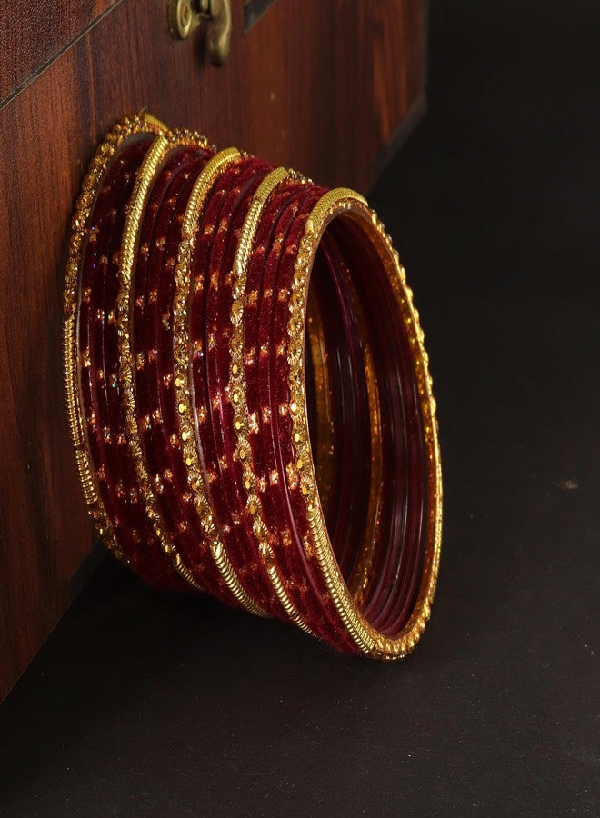 NMII Fancy Glass Golden Beads & Polka Dots Velvet Bangles Set For Women and Girls | Stylish Designer Bangles Glass | Glass Chudi Set | Women's Fashion Jewellery, (Spring Set-(2)-Maroon-2.8) - Image 4