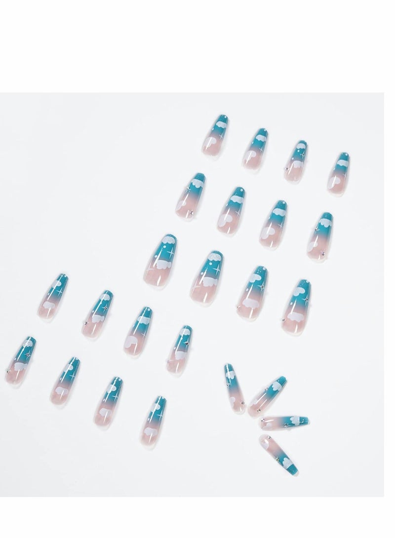 KASTWAVE 24 Pcs Blue Sky And White Clouds Nail Patch, Full Cover Long Fake Nails Glossy False Nails, Acrylic Nails for Women and Girls (Blue Cloud) - Image 5
