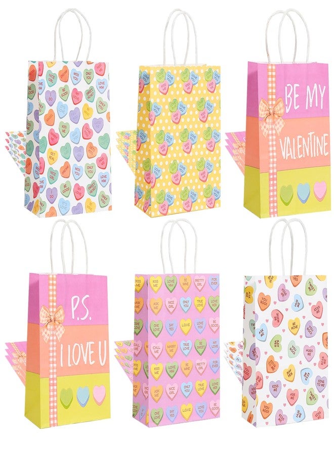 Corbekel 24 Pcs Valentine's Day Paper Gift Bags with Handles, 8.3" x 6"x 3.2" Valentines Goodie Bags in 6 Styles, Heart Goodie Bags for Valentine's Day Party Favor Supplies & Classroom Gift Exchange - Image 1
