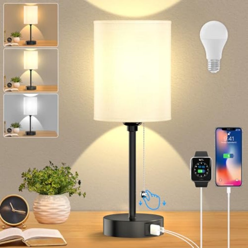 مصباح طاولة لغرفة النوم، 3 مصابيح جانبية لدرجات حرارة الألوان مع منافذ USB C وA، ومصابيح طاولة بسلسلة سحب، ومصابيح منضدة بقاعدة معدنية سوداء للقراءة - Image 2