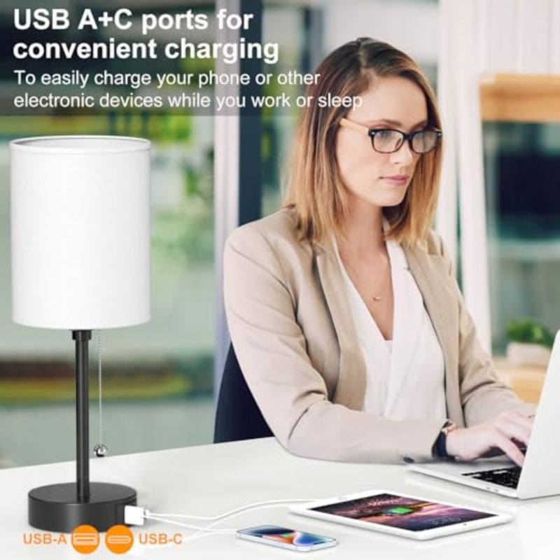 مصباح طاولة لغرفة النوم، 3 مصابيح جانبية لدرجات حرارة الألوان مع منافذ USB C وA، ومصابيح طاولة بسلسلة سحب، ومصابيح منضدة بقاعدة معدنية سوداء للقراءة - Image 4