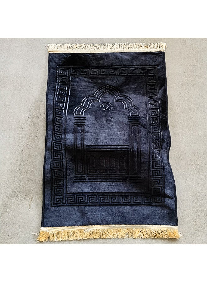Blue Gold Islamic Prayer Mat - Velvet Sajjadah with Mosque Arch & Gold Arabesque Design | Luxurious Namaz Mat for Saudi Muslims Bullet Points - Image 3