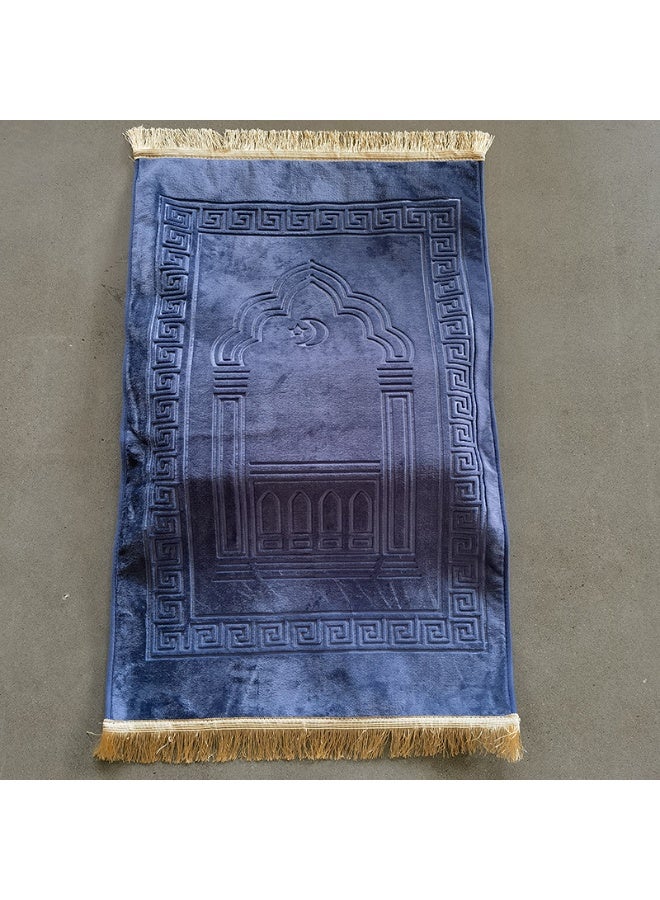 Blue Gold Islamic Prayer Mat - Velvet Sajjadah with Mosque Arch & Gold Arabesque Design | Luxurious Namaz Mat for Saudi Muslims Bullet Points - Image 4