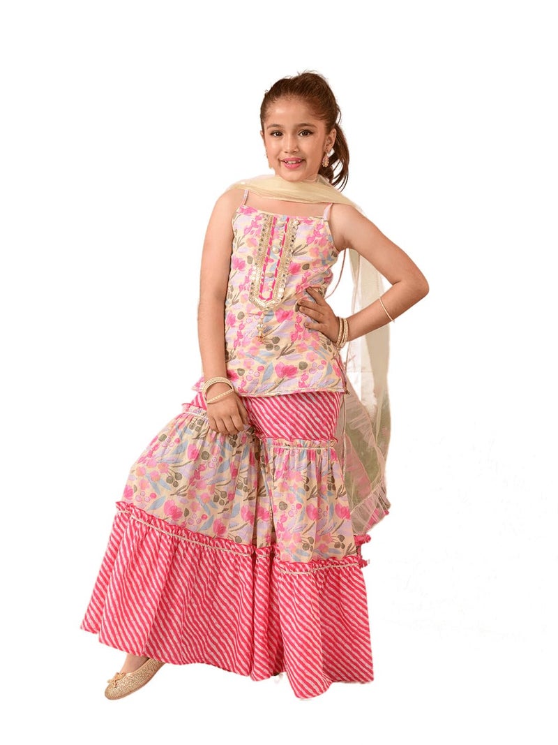 Pspeaches Girls Cotton Sleeveless Shoulder Straps Floral Print Kurti And Sharara With Dupatta 3 Piece Set|Ethnic Wear For Kids Girls|Traditional & Festive Outfit 12-13 Year Cream & Pink - Image 5