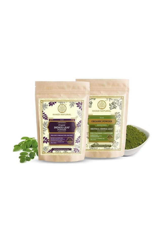 Khadi Natural Organic Powder Pack Of 2 (Indigo + Natural Henna) 200Gmherbal Hair Colour Hides Grey Hair Prevents Hair Thinning Free From Harsh Chemicals Suitable For All Hair Types - Image 1