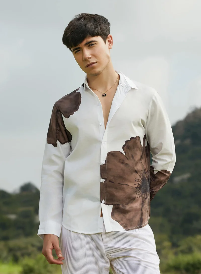 Campus Sutra Campus Sutra Men's Ash Brown Primrose Flora Shirt For Casual Wear | Spread Collar | Long Cuffed Sleeves | Button Closure | Shirt Crafted With Comfort Fit For Everyday Wear