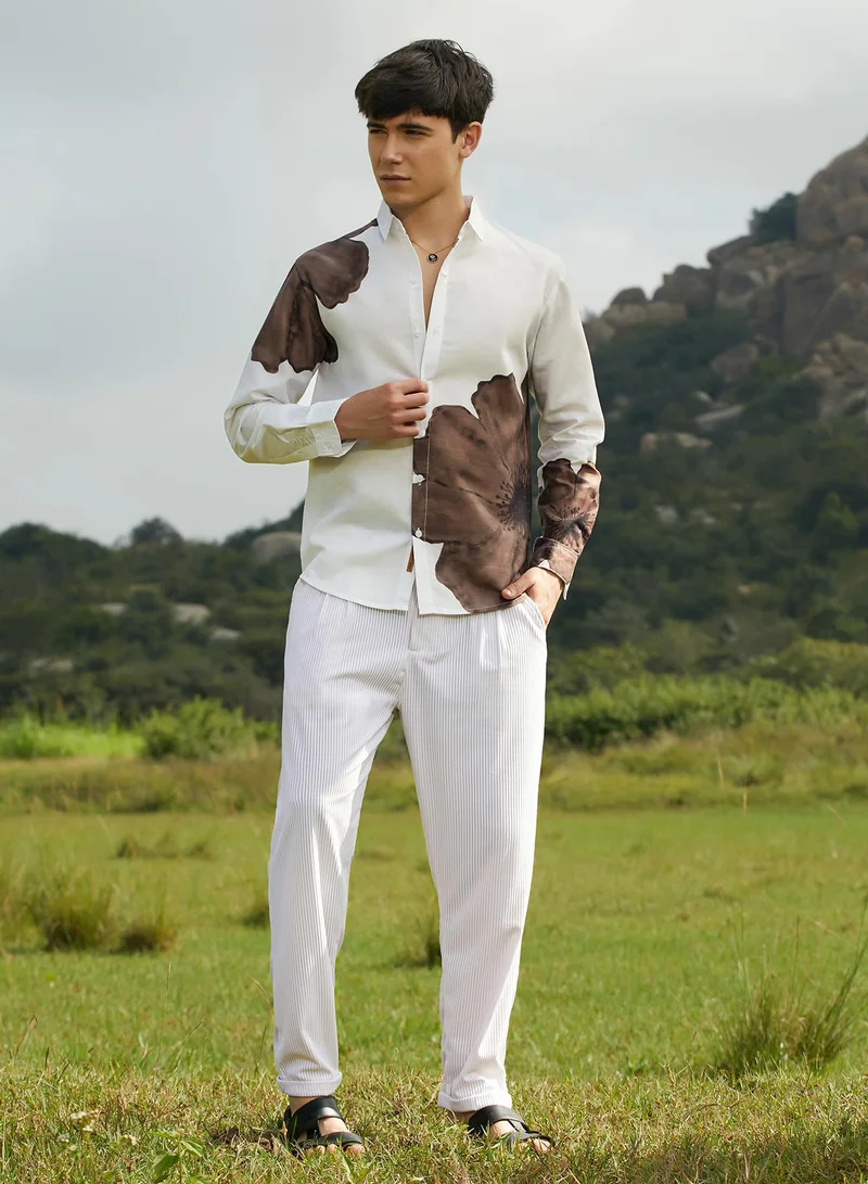 Campus Sutra Campus Sutra Men's Ash Brown Primrose Flora Shirt For Casual Wear | Spread Collar | Long Cuffed Sleeves | Button Closure | Shirt Crafted With Comfort Fit For Everyday Wear