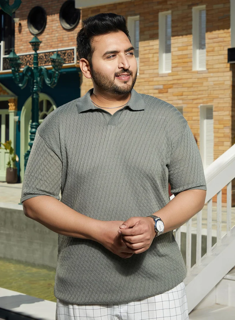 Instafab Plus Instafab Plus Men's Ash Grey Rhombus-Knit Polo T-Shirt For Casual Wear | Polo Neck | Short Regular Sleeves | Pull On Closure | Plus Size T-Shirt Crafted With Comfort Fit For Everyday Wear