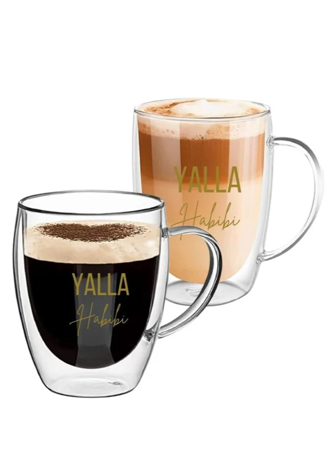 1Chase Double Walled "Yalla Habibi" Printed Glass Mug With Handle Set of 2