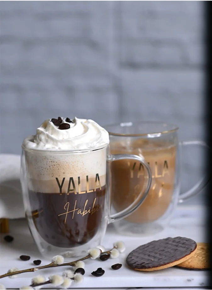 1Chase Double Walled "Yalla Habibi" Printed Glass Mug With Handle Set of 2