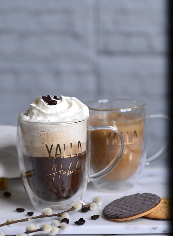 1Chase Double Walled "Yalla Habibi" Printed Glass Mug With Handle Set of 2  - Image 3