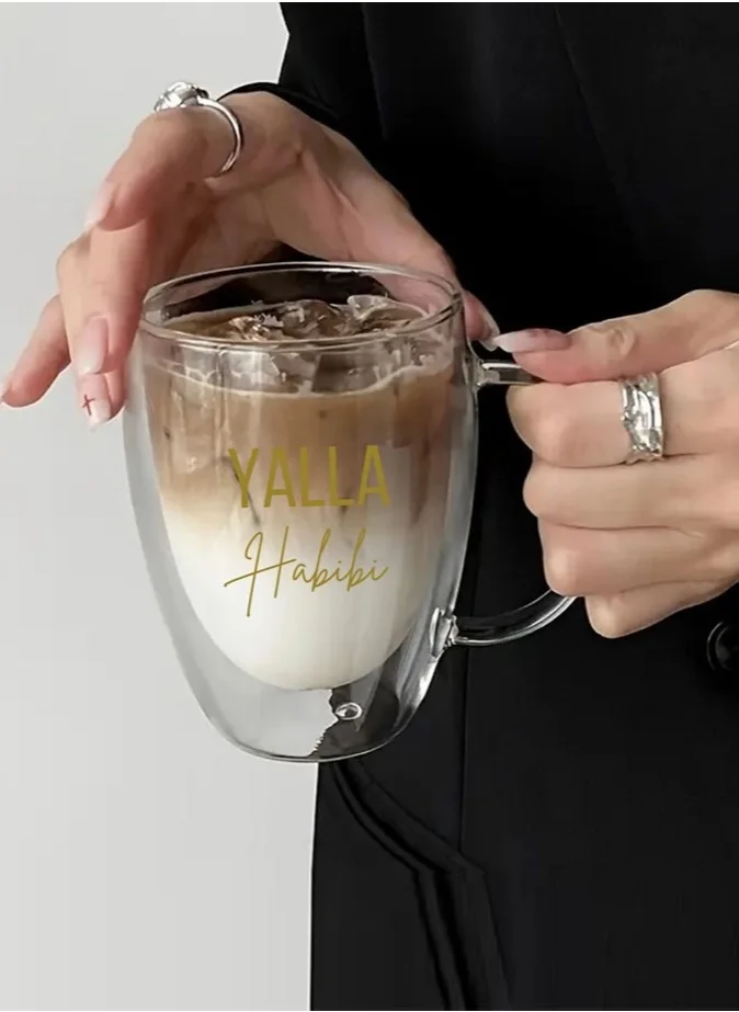 1Chase Double Walled "Yalla Habibi" Printed Glass Mug With Handle Set of 2