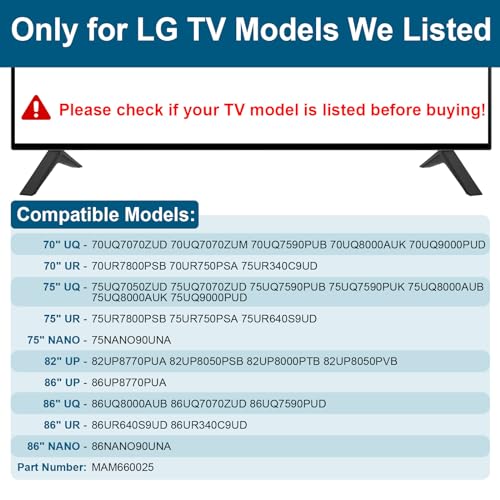 Maozhren TV Stand for LG TV Legs Replacement, for 75UQ9000PUD 70UP8070 70UQ7070ZUD 70UQ7590PUB 70UQ8000 75UP8070 75UQ8000 82UP8770 86UP8770 86UQ8000 86UQ7070, Only for LG 70" 75" 82" 86" TV Models We List - Image 3