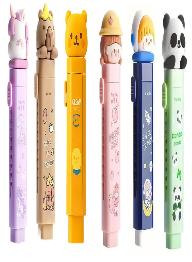 Invite Enterprise Cartoon-Style Adorable Erasers Children School Office:Push Pull Retractable Erasers with a Pastel Aesthetic Pencil Eraser & Cute Rubber (Purple + Brown + Yellow + Baby Pink + Blue + Green)(Pack of 6) - Image 1