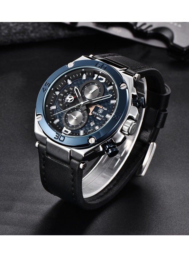 BENYAR Men's Quartz Watch Luxury Leather Strap Chronograph Luminous Triple Display At Night 30 Meters Normal Waterproof - Image 1