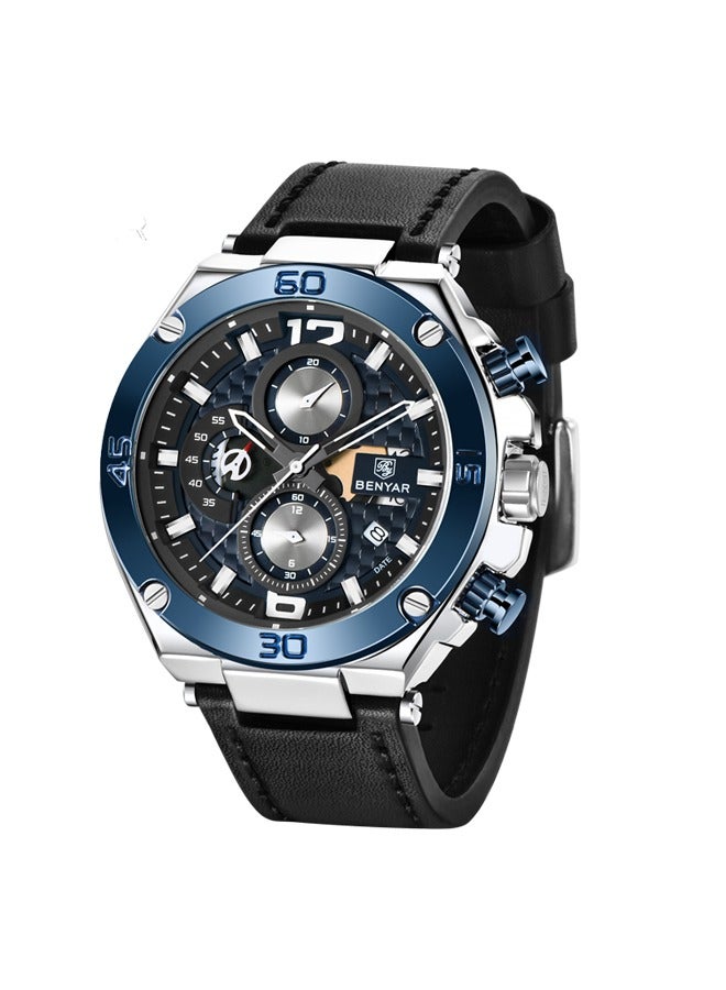BENYAR Men's Quartz Watch Luxury Leather Strap Chronograph Luminous Triple Display At Night 30 Meters Normal Waterproof - Image 2