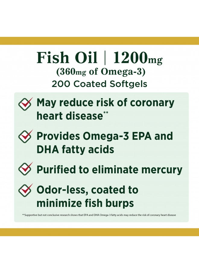 Natures Bounty Fish Oil, 1200mg, 360mg of Omega-3, 200 Coated Softgels