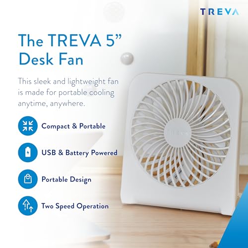Treva 5-Inch USB and Battery Powered Desk Fan With Two Cooling Speeds and Adjustable Tilt, Small USB Fan Cubicle Accessories Durable and Long Lasting (White) - Image 2