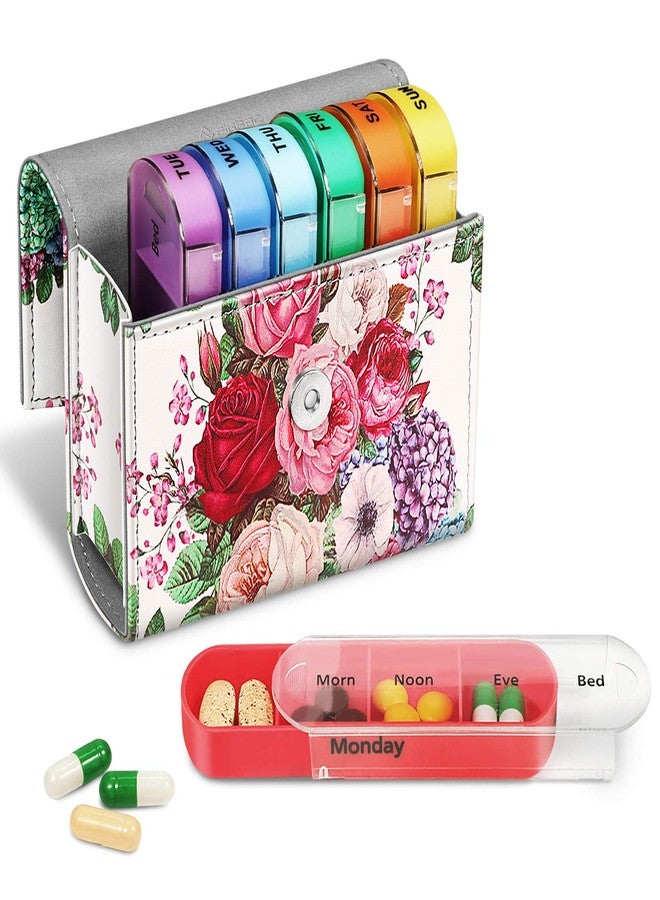 FINPAC Weekly Pill Organizers 4 Times A Day, Slide Open PU Leather Case Travel Pill Vitamin Medicine Reminder and Planner with Name Card for Morning| Afternoon| Evening| Bedtime (Flower Festival) - Image 1