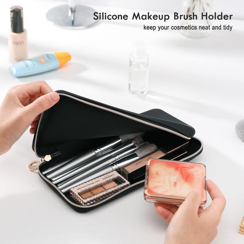 FVION Zipper Makeup Brushes Bag For Travel, Large Silicone Makeup Brush Holder, Make Up Brushes Pouch Case for Makeup Tools - Black - Image 4