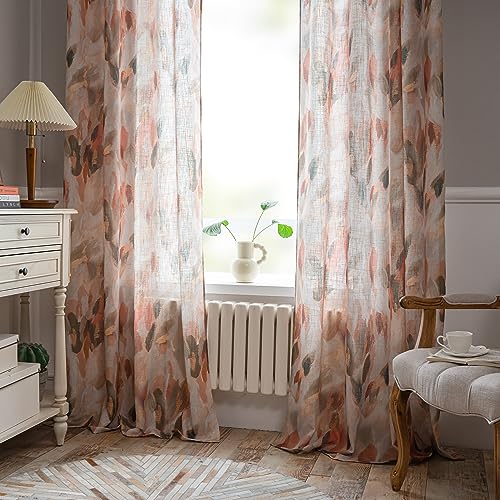 MEETSKY Floral Curtains for Living Room - Linen Fall Curtain 84 inches Long Light Filtering Privacy Protect Drapes Modern Patterned Farmhouse Window Treatment, 52" Wide, Coral and Orange, 2 Panels - Image 2