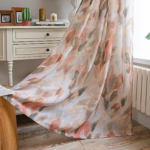 MEETSKY Floral Curtains for Living Room - Linen Fall Curtain 84 inches Long Light Filtering Privacy Protect Drapes Modern Patterned Farmhouse Window Treatment, 52" Wide, Coral and Orange, 2 Panels - Image 1