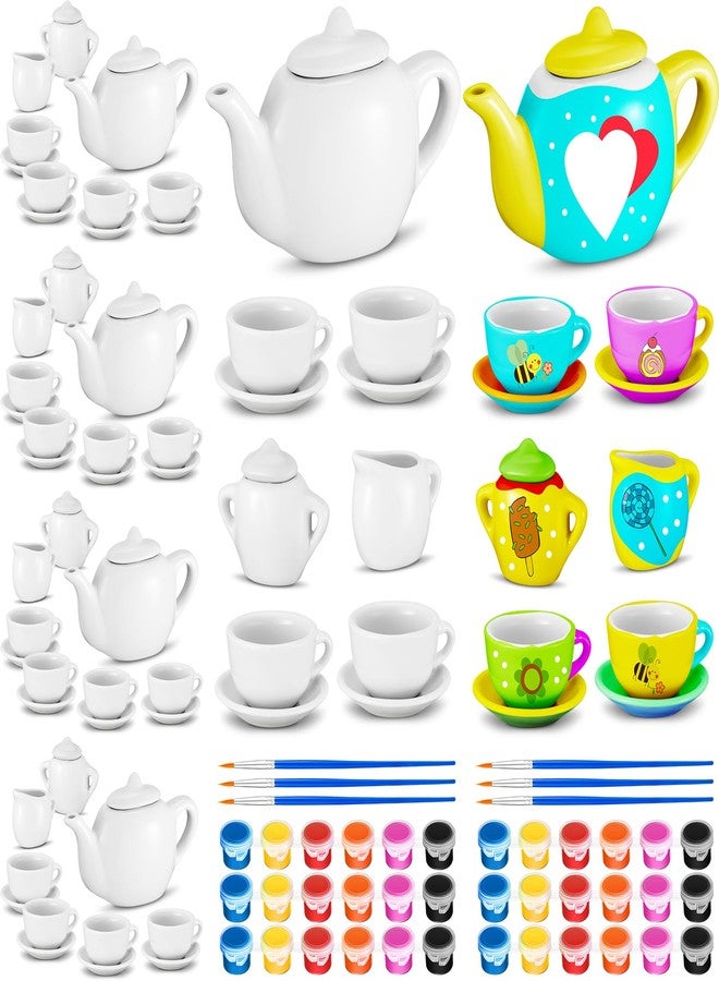 PullCrease 90 Pcs Spring Paint Your Own Tea Set Craft DIY Mini Tea Kit for Kids Ages 8+ Adorable Ceramic Tea Cups to Paint Including Porcelain Dishes Paint Brush for Party Girls Boys Set - Image 1