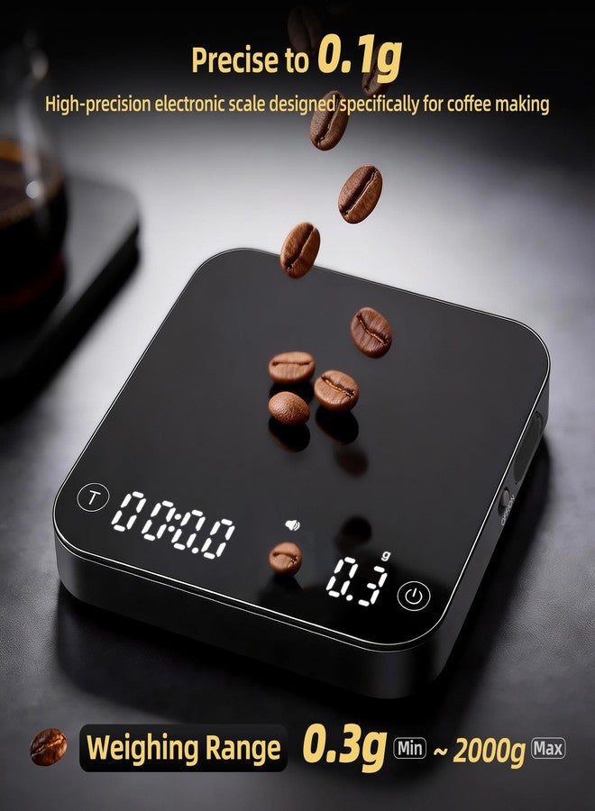 ShanSon Mini Coffee Scale with Timer,0.1g High Precision Espresso Scale,2kg/0.1g Digital Kitchen Scale with Flow Rate,USB-C Rechargeable,Waterproof Surface,Auto Timer for Pour Over & Espresso,Black - Image 3