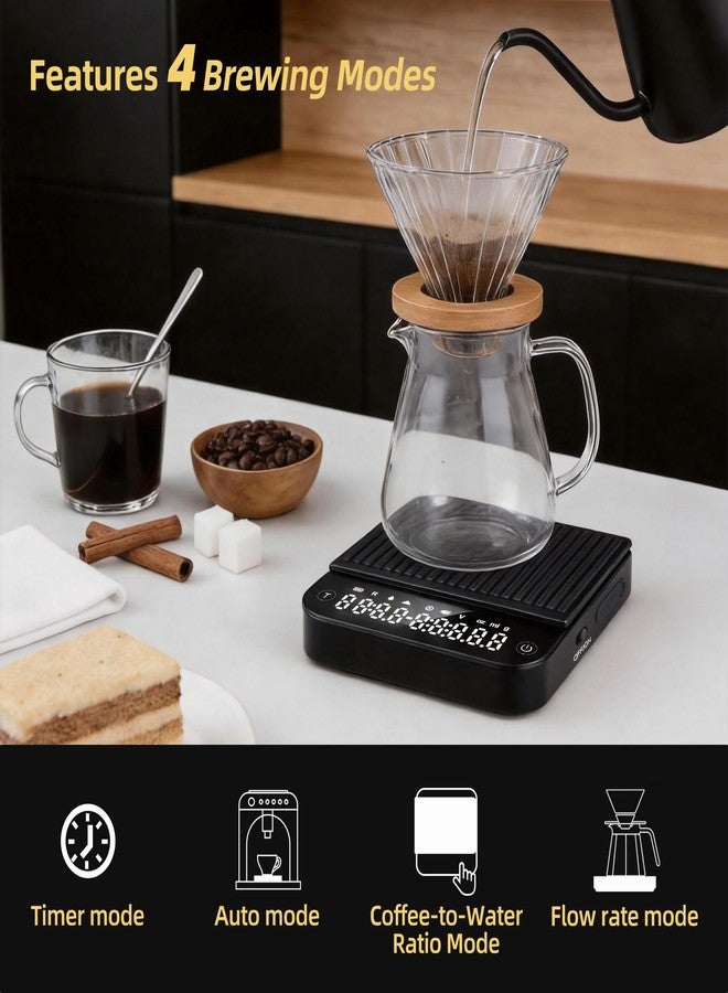 ShanSon Mini Coffee Scale with Timer,0.1g High Precision Espresso Scale,2kg/0.1g Digital Kitchen Scale with Flow Rate,USB-C Rechargeable,Waterproof Surface,Auto Timer for Pour Over & Espresso,Black - Image 4