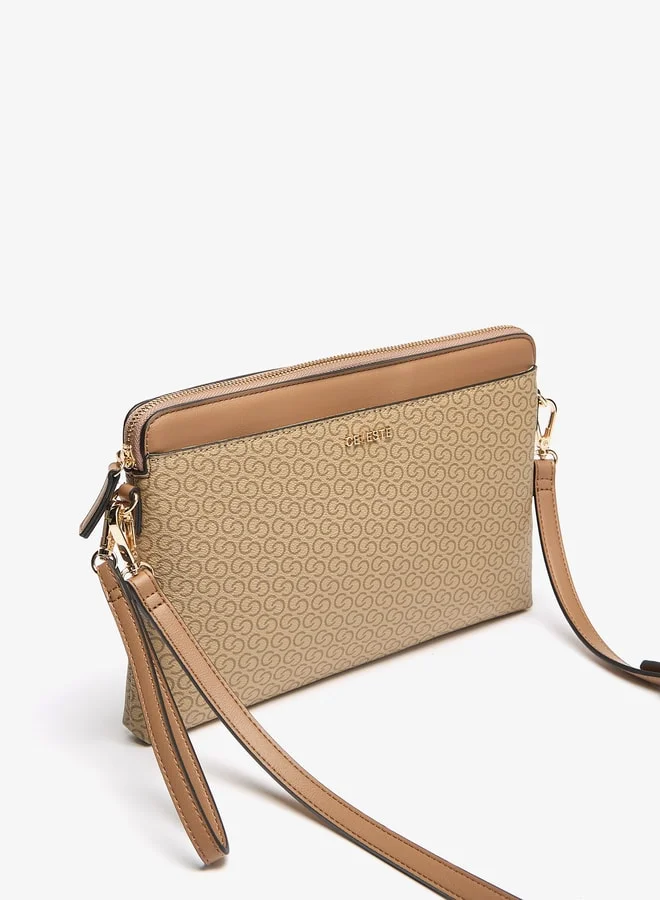 Celeste Women's All-Over Monogram Print Clutch with Detachable Strap and Zip Closure