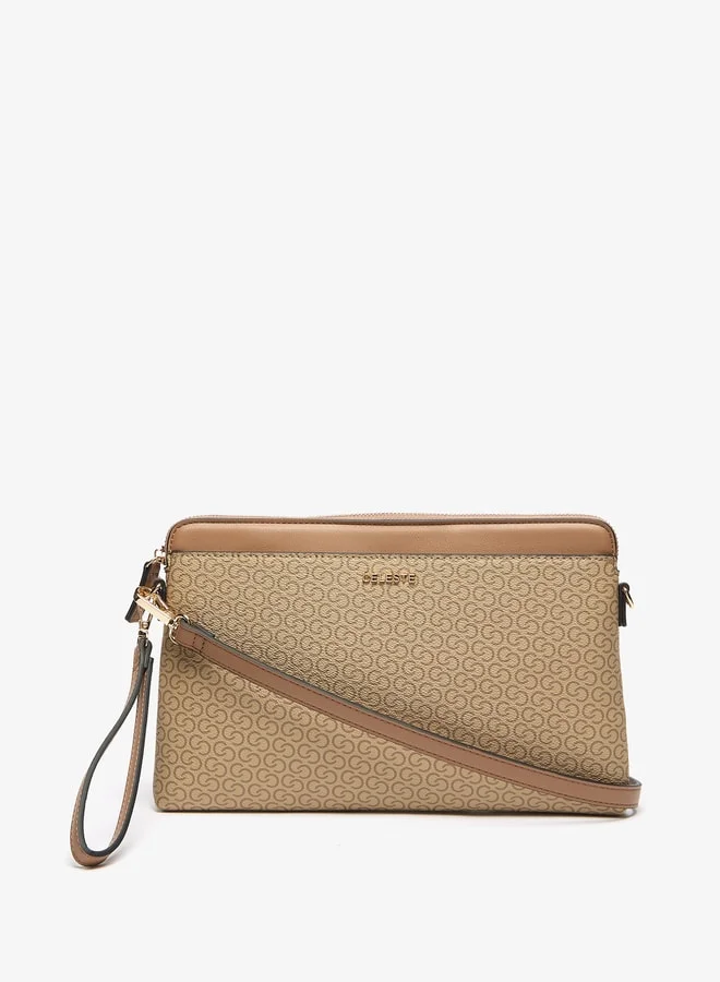 Celeste Women's All-Over Monogram Print Clutch with Detachable Strap and Zip Closure