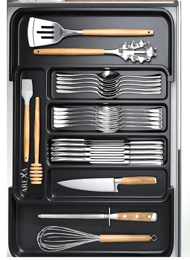 Large Expandable Silverware Drawer Organizer – Adjustable Utensil Tray for Kitchen, Premium Flatware  Cutlery Holder, Sturdy Plastic Storage for Spoons, Forks, Knives,  More - Image 2