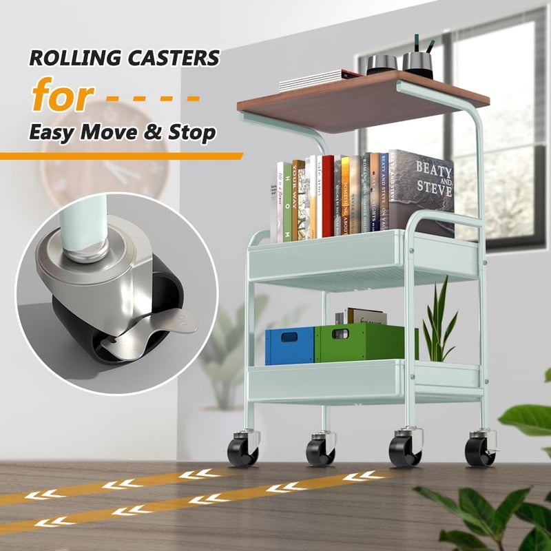 HIDODO Rolling Cart with Wooden Tabletop, 3 Tier Metal Utility Cart, Rolling Storage Organizer Cart with Lockable Wheels for Kitchen, Office, Bedroom (Green) - Image 4
