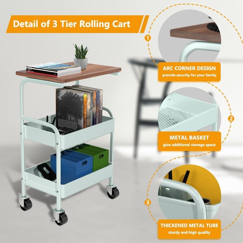 HIDODO Rolling Cart with Wooden Tabletop, 3 Tier Metal Utility Cart, Rolling Storage Organizer Cart with Lockable Wheels for Kitchen, Office, Bedroom (Green) - Image 3