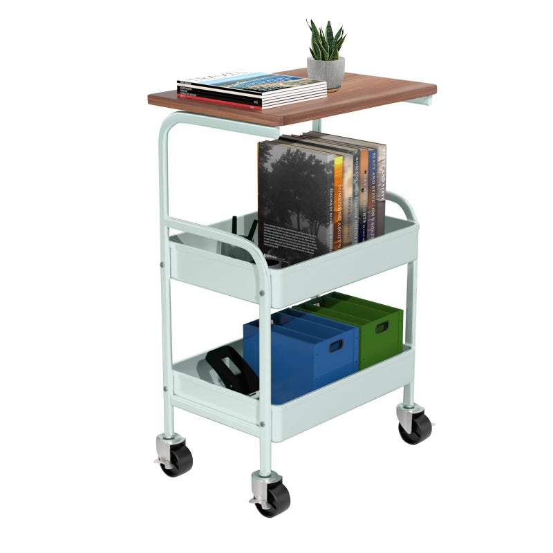 HIDODO Rolling Cart with Wooden Tabletop, 3 Tier Metal Utility Cart, Rolling Storage Organizer Cart with Lockable Wheels for Kitchen, Office, Bedroom (Green) - Image 1