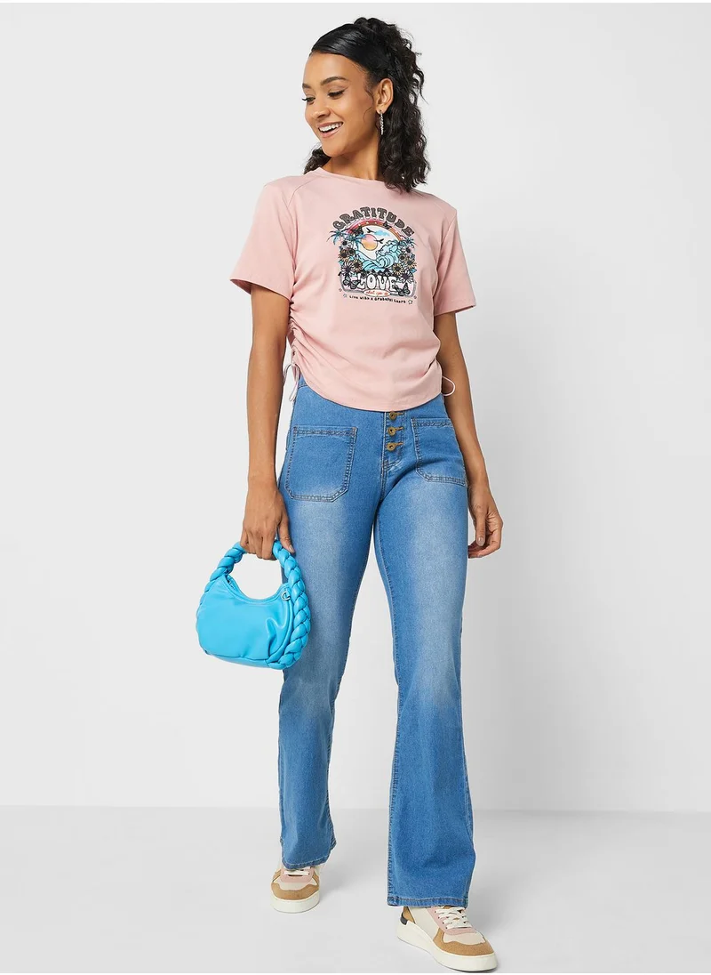 Ginger Ruched Tie Up Graphic T Shirt