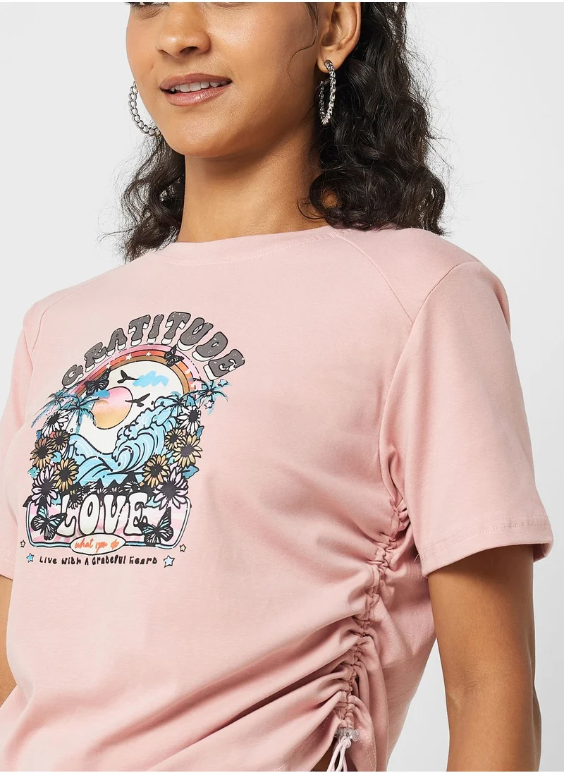 Ginger Ruched Tie Up Graphic T Shirt