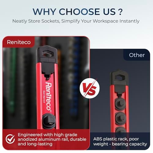 Reniteco Magnetic Socket Organizer Set, 3PC 3/8-Inch Drive Aluminum Alloy Socket Rail, Heavy Duty Magnetic Socket Holder for Tool Box Drawer, 360° Swivel Socket Rack, 3/8" x 42 Clips, Red - Image 5