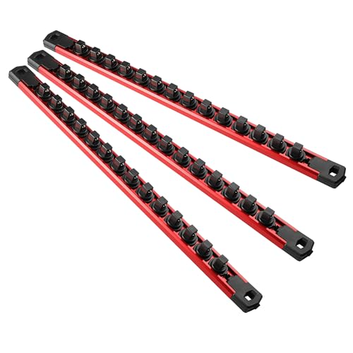 Reniteco Magnetic Socket Organizer Set, 3PC 3/8-Inch Drive Aluminum Alloy Socket Rail, Heavy Duty Magnetic Socket Holder for Tool Box Drawer, 360° Swivel Socket Rack, 3/8" x 42 Clips, Red - Image 1