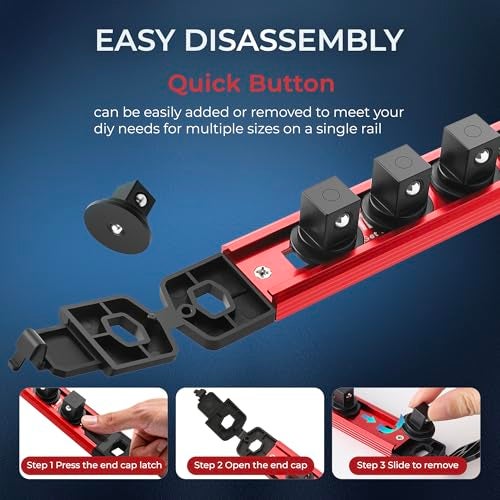 Reniteco Magnetic Socket Organizer Set, 3PC 3/8-Inch Drive Aluminum Alloy Socket Rail, Heavy Duty Magnetic Socket Holder for Tool Box Drawer, 360° Swivel Socket Rack, 3/8" x 42 Clips, Red - Image 3