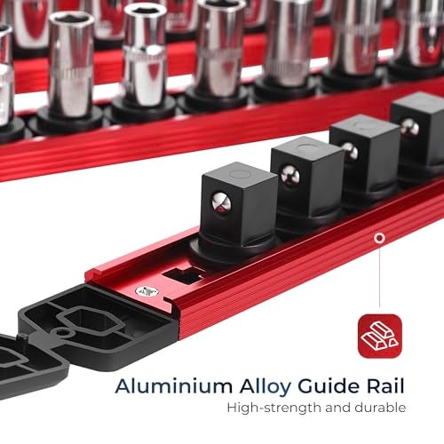 Reniteco Magnetic Socket Organizer Set, 3PC 3/8-Inch Drive Aluminum Alloy Socket Rail, Heavy Duty Magnetic Socket Holder for Tool Box Drawer, 360° Swivel Socket Rack, 3/8" x 42 Clips, Red - Image 4