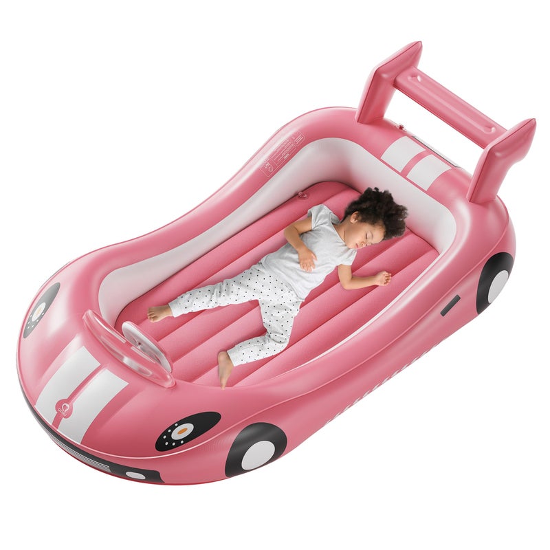 QPAU Blow up Inflatable Toddler Travel Bed with Sides, Toddler Air Mattress for Camping, Traveling, Hotel, or Home Use, Hand Pump Included (Pink) - Image 1