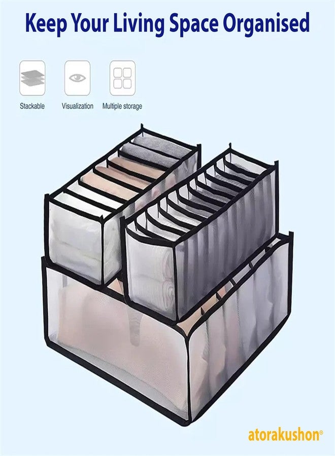 atorakushon Fabric 6 Cell Bra Compartment Wardrobe Organizer/Closet Storage Box for Underwear/Socks/Ties/Scarves/Bras/Lingerie/Almirah Storage Solution Foldable Drawer Organizers (Set of 3 Black) - Image 3