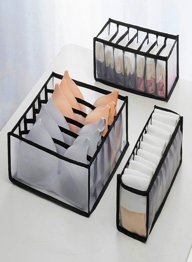atorakushon Fabric 6 Cell Bra Compartment Wardrobe Organizer/Closet Storage Box for Underwear/Socks/Ties/Scarves/Bras/Lingerie/Almirah Storage Solution Foldable Drawer Organizers (Set of 3 Black) - Image 1