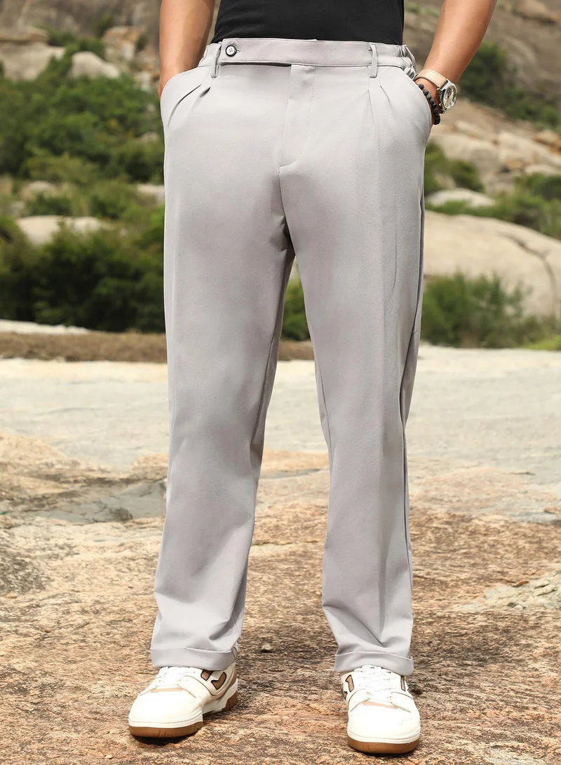 كامبوس سوترا Campus Sutra Men's Cloud Grey Extended-Waistband Straight Trousers | Mid-Rise , Straight Hem , Button Closure | Solid Plain | Polyester Blend Trousers For Formal & Office Wear