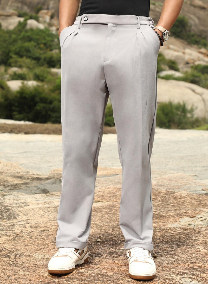 Campus Sutra Campus Sutra Men's Cloud Grey Extended-Waistband Straight Trousers | Mid-Rise , Straight Hem , Button Closure | Solid Plain | Polyester Blend Trousers For Formal & Office Wear  - Image 2
